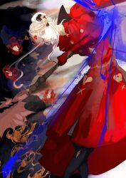 1girl abstract_background armored_gloves artist_name axe aymr_(fire_emblem) battle_axe black_boots boots cape chinese_commentary collared_cape double_bun dress edelgard_von_hresvelg edelgard_von_hresvelg_(timeskip) fake_horns fire_emblem fire_emblem:_three_houses glaring glowing hair_bun head_tilt headpiece high_collar highres holding holding_axe holding_weapon horns leaning_to_the_side lofter_username long_sleeves looking_at_viewer looking_to_the_side nintendo parted_lips purple_eyes red_cape red_dress shi7664562 solo standing weapon white_hair