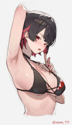 1girl alternate_costume arm_up armpits bikini black_bikini black_choker black_hair blush breasts choker colored_inner_hair ear_piercing ellen_joe highres large_breasts looking_at_viewer multicolored_hair nail_polish open_mouth piercing red_eyes red_hair red_nails short_hair solo sooon swimsuit teeth two-tone_hair upper_body upper_teeth_only white_background zenless_zone_zero