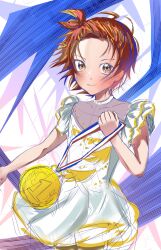 1girl brown_hair dress gold_medal highres medalist_(manga) white_dress yuitsuka_inori