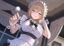 1girl apron black_dress blonde_hair blurry bow bowtie breasts buttons collared_dress commentary_request depth_of_field dress hand_up holding looking_at_viewer maid maid_apron maid_headdress medium_breasts mimikaki open_mouth original purple_thighhighs short_hair short_sleeves smile solo superpig thighhighs upper_body wrist_cuffs
