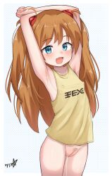 1girl absurdres armpits arms_up blue_eyes blush boppin border bottomless brown_hair cleft_of_venus clothes_writing commentary commission covered_erect_nipples cowboy_shot dot_nose fang female_pubic_hair flat_chest hairpods highres interface_headset_(evangelion) legs_together loli long_hair looking_at_viewer neon_genesis_evangelion open_mouth outside_border pixiv_commission polka_dot polka_dot_background pubic_hair pussy pussy_juice skin_fang smile solo souryuu_asuka_langley sparse_pubic_hair standing sweat tank_top tongue uncensored very_long_hair white_border yellow_tank_top