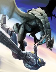 amputee blood blue_blood blue_eyes claws colored_blood extra_eyes falling flying gd6_chain_sword giant giant_monster giant_robot gipsy_danger glowing glowing_blood glowing_eyes highres jaeger_(pacific_rim) kaiju legendary_pictures mecha monster no_humans no_pupils nyoruniru open_mouth otachi pacific_rim roaring robot sharp_teeth sky sword tail talons teeth warner_bros weapon whip whip_sword wings yellow_eyes