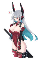 1girl absurdres android breasts cleavage closed_mouth colored_inner_hair covered_navel cropped_legs detached_collar elbow_gloves gloves grey_hair headgear heart highleg highleg_leotard highres large_breasts leotard long_hair looking_at_viewer maxilax multicolored_hair original red_eyes red_leotard red_thighhighs simple_background smile solo spoken_heart strapless strapless_leotard sword thighhighs variant_set weapon weapon_on_back white_background