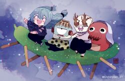 1girl 3boys :d artist_name black_eyes blue_hair blue_sky branch chibi cloak cloud cloudy_sky cucumber cursed_spirit_(jujutsu_kaisen) cyclops dagon_(jujutsu_kaisen) eyelashes full_body fur-trimmed_cloak fur_trim hanami_(jujutsu_kaisen) happy jogo_(jujutsu_kaisen) jujutsu_kaisen kimikimi_(sisterplan_12) long_hair low-tied_long_hair mahito_(jujutsu_kaisen) monster_girl mouth_with_tentacles multiple_boys no_eyes octopus_boy one-eyed open_mouth plant_girl pointing polka_dot_cloak riding rolling_eyes shoes sky smile sneakers stitched_arm stitched_face stitches teeth veil volcano white_veil