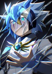 Rule 34 | 1boy, antenna hair, aqua eyes, arm at side, armband, armor, atltax 00, black background, blue armor, blue eyes, blue gemstone, blue hair, blurry, blurry foreground, broken glass, coat, colored bangs, commentary, dappled sunlight, different reflection, facial mark, facing to the side, gem, glass, glass shard, glass shards, hair between eyes, hair slicked back, hand up, headphones, highres, light particles, looking at viewer, male focus, open hand, reflection, shoulder armor, spiked hair, sunlight, tunic, upper body, white armband, white coat, white tunic, yu-gi-oh!, yu-gi-oh! go rush!!, yudias velgear