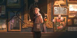 1boy absurdres animal anniversary arms_behind_back axis_powers_hetalia belt_pouch bicycle bird black_pants blonde_hair blue_scarf bouquet breast_pocket cameo coat flower from_side green_eyes grey_coat highres indoors light_brown_hair long_sleeves looking_at_viewer looking_to_the_side male_focus mi_kan1609 netherlands_(hetalia) orange_flower painting_(object) pants picture_frame pocket pouch rabbit rose scar scar_on_face scar_on_forehead scarf ship shoes short_hair smile solo standing striped_clothes striped_scarf sunlight surreal through_medium through_painting through_screen tulip wallpaper_(object) watercraft
