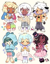 Rule 34 | 1other, 2girls, 3boys, androgynous, animal ears, black hair, blonde hair, blue eyes, blue hair, braid, cherry (sanrio), commentary, dark-skinned female, dark skin, demon girl, demon tail, dog boy, dog ears, dog tail, dress, english commentary, fuwa fuwa cinnamoroll, green hair, grey pants, hana-maru (sanrio), hangyodon, highres, hood, hood up, hoodie, humanization, lala (little twin stars), leg warmers, little twin stars, lolita fashion, long hair, multiple boys, multiple girls, pants, pink dress, pink hair, pochacco, rabbit ears, rabbit girl, rabbit tail, sanrio, scales, sharpycharot, shoes, short hair, shorts, single braid, sneakers, sweater, sweet lolita, tail, usahana, very dark skin, white dress, white hair, yellow eyes, yellow sweater