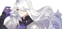 1boy armor black_armor capelet chickenuma_0 commentary_request fate/requiem fate_(series) galahad_(fate) galahad_alter_(fate) gloves hair_over_one_eye highres knight long_hair male_focus one_eye_covered purple_capelet purple_gloves solo twitter_username very_long_hair white_hair yellow_eyes