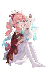1girl absurdres aqua_eyes aqua_hair bow bowtie breasts dress drill_hair gradient_hair hat highres honkai:_star_rail honkai_(series) hyacine_(honkai:_star_rail) little_ica_(honkai:_star_rail) long_hair looking_at_viewer medium_hair multicolored_hair open_mouth pantyhose pink_hair red_dress red_hat senbonsang smile solo twintails two-tone_hair white_pantyhose