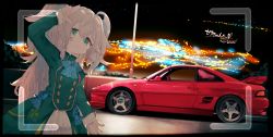 1girl arm_up blue_bow blue_bowtie blue_hair blush bow bowtie buttons car closed_mouth commentary commission cowboy_shot dress green_dress green_eyes hair_between_eyes highres long_hair long_sleeves looking_at_viewer motor_vehicle multicolored_hair night night_sky original salute signature skeb_commission sky sleeve_cuffs smile solo star_(sky) streaked_hair toyota toyota_mr2 two-finger_salute vehicle_focus very_long_hair viewfinder white_hair yoshioka_yoshiko