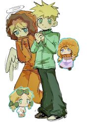 2boys angel_wings blonde_hair blue_eyes butters_stotch chibi commentary_request feathered_wings green_eyes green_jacket halo hood hood_up jacket kenny_mccormick looking_at_viewer male_focus multiple_boys orange_jacket own_hands_together short_hair simple_background south_park standing undercut white_background wings xianning233