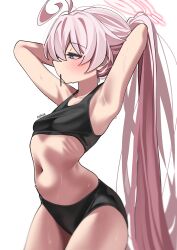1girl absurdres adjusting_hair ahoge armpit_focus armpits arms_up artist_name black_bra black_panties blue_archive blue_eyes blush bra breasts commentary hair_tie_in_mouth halo highres hoshino_(blue_archive) korean_commentary long_hair mouth_hold navel panties pink_hair pink_halo ribs rirua_(kjom802) simple_background small_breasts solo stomach sweat thighs underwear very_long_hair white_background
