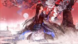 1girl alternate_costume animal_ears arknights armor belt_pouch black_gloves black_hair blunt_bangs blunt_sidelocks cherry_blossoms clothing_request commentary dog_ears english_commentary fingerless_gloves full_body full_moon gloves gradient_background hand_up highres infection_monitor_(arknights) japanese_armor japanese_clothes long_hair long_sleeves looking_to_the_side moon open_clothes pants parted_lips plumw pouch red_eyes saga_(arknights) shirt sitting solo tree under_tree wariza white_pants white_shirt