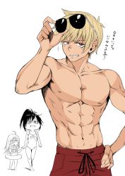 Rule 34 | 1boy, 2girls, :i, abs, adjusting eyewear, ahoge, bad id, bad pixiv id, blonde hair, commentary request, contemporary, drawstring, dust (konosuba), eyewear on head, faitfore, food, hand on own hip, highres, holding hands, ice cream, innertube, izawa (bhive003), kono subarashii sekai ni shukufuku wo!, lean (konosuba), long hair, male focus, male swimwear, multiple girls, muscular, muscular male, one-piece swimsuit, partial commentary, ponytail, red eyes, red male swimwear, red swim trunks, shaded face, short hair, smirk, swim ring, swim trunks, swimsuit, topless male, translated, white background