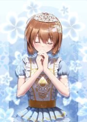 Rule 34 | 1girl, blue background, blue dress, blush, brown hair, closed eyes, commentary request, dress, enu illustip, facing viewer, floral background, hagiwara yukiho, highres, idolmaster, idolmaster (classic), own hands clasped, own hands together, puffy short sleeves, puffy sleeves, short hair, short sleeves, solo, tiara, upper body
