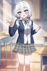 1girl ars_almal ars_almal_(4th_costume) blue_eyes blush blush_stickers bow chair classroom commission desk eyebrows eyelashes hair_bow hair_ribbon highres indoors knee_up knees_up light_rays looking_at_viewer nijisanji nose open_mouth ribbon saruneo school_uniform shadow shirt skirt smile solo standing sunlight thighs twintails virtual_youtuber white_hair