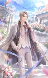 Rule 34 | 1boy, artist request, black necktie, blazer, blue sky, buttons, castle, closed mouth, cloud, coat, coat on shoulders, collared coat, collared shirt, day, dress pants, earrings, elf, expressionless, feet out of frame, fingernails, flower, formal clothes, game cg, grey coat, grey eyes, grey hair, grey pants, grey vest, hand in pocket, hand on own chest, highres, jacket, jewelry, lantern, lapels, layered sleeves, leaf, light frown, light particles, lips, long sleeves, looking at viewer, male focus, medium hair, mercury (shining nikki), necktie, nikki (series), notched lapels, official art, open clothes, open jacket, outdoors, pants, parted bangs, petals, pink flower, pink rose, pointy ears, rose, rose petals, shining nikki, shirt, sky, solo, stairs, stole, suit, vest, white flower, white jacket, white rose, white shirt, white suit