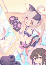 2girls @_@ absurdres animal_ears animal_hands barefoot blush bra breasts brown_eyes cat_ears cat_lingerie cat_paws cat_tail embarrassed fake_animal_ears fake_tail frilled_bra frilled_panties frills gloves highres indoors long_hair looking_at_viewer meme_attire mirror multiple_girls on_floor onii-chan_wa_oshimai! open_mouth oyama_mahiro oyama_mihari panties paw_gloves petite pink_hair purple_bra purple_panties sitting small_breasts solo_focus tail twintails underwear very_long_hair wuhuo yokozuwari