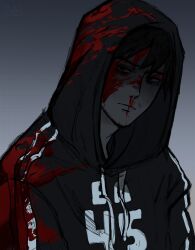 1boy bags_under_eyes black_eyes black_hair black_hoodie blood blood_on_clothes blood_on_face cry_of_fear david_leatherhoff glaring gradient_background head_tilt highres hood hood_up hoodie looking_at_viewer n0elleblanc nosebleed partially_shaded_face print_hoodie simon_henriksson solo upper_body