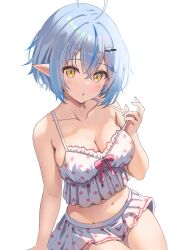Rule 34 | 1girl, ahoge, bare arms, blue hair, blue nails, breasts, camisole, character hair ornament, cleavage, collarbone, colored tips, commentary request, crossed bangs, daifuku (yukihana lamy), double-parted bangs, frilled camisole, frilled skirt, frills, hair between eyes, hair ornament, hairclip, heart, heart ahoge, highres, hololive, large breasts, looking at viewer, midriff, multicolored hair, nail polish, navel, official alternate costume, open mouth, polka dot, polka dot camisole, polka dot skirt, short hair, sitting, skirt, sleepwear, solo, strap lift, streaked hair, tooo88, virtual youtuber, white camisole, white skirt, yellow eyes, yukihana lamy, yukihana lamy (loungewear)