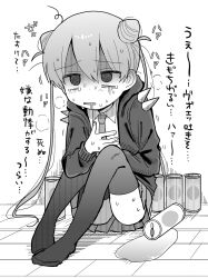 1girl alcohol bags_under_eyes beer_can brick_floor can commentary_request cone_hair_bun death_merumeru double_bun drink_can drooling empty_eyes furrowed_brow greyscale hair_bun hand_on_own_chest highres hood hood_down hoodie knees_up long_hair long_sleeves messy_hair miniskirt monochrome mouth_drool nausea necktie nervous_sweating no_socks on_floor open_clothes open_hoodie pleated_skirt shaded_face shinigami_dot_com shoulder_spikes sitting skirt solo spikes sweat thighhighs translation_request turn_pale twintails upskirt yasashii_naizou