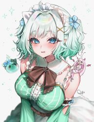 2girls absurdres antenna_hair arthropod_girl blue_eyes blush blush_stickers breasts cockroach_girl detached_sleeves dress fur-trimmed_dress fur_trim ghost grey_hair highres horns indie_virtual_youtuber large_breasts long_hair looking_at_viewer maid_headdress matara_kan matara_kan_(1st_costume) medium_breasts mini_person minigirl mint_fantome mint_fantome_(minto_2.0) monster_girl multiple_girls pink_dress pink_hair red_eyes revision rosebell sleeveless sleeveless_dress triangular_headpiece two_side_up virtual_youtuber vshojo wings wisps_(mint_fantome)