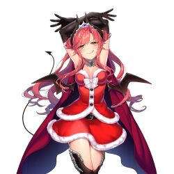 1girl :q armpits arms_up bare_shoulders belt black_gloves black_wings blush bow bowtie braid breasts brown_eyes buckle cape choker christmas cleavage cleavage_cutout closed_mouth clothing_cutout cowboy_shot cropped_legs demon_girl demon_horns demon_tail demon_wings detached_collar dress elbow_gloves fur-trimmed_dress fur_trim giuniu gloves hair_between_eyes hair_ornament head_wings heart horns large_breasts licking_lips long_hair looking_at_viewer lucian_luce medium_breasts one_side_up pink_hair pointy_ears red_dress red_hair santa_costume short_dress sleeveless sleeveless_dress smile solo standing strapless symbol-shaped_pupils tail thighhighs tongue tongue_out transparent_background uchi_no_hime-sama_ga_ichiban_kawaii very_long_hair wavy_hair wings yellow_eyes