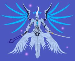 1boy angel blue_eyes character_request coat cocoro_magical dark demon devil_may_cry devil_may_cry_(series) dmc:_devil_may_cry dual_wielding fantasy fusion gloves highres holding holding_sword holding_weapon hybrid katana magic splaty sword vergil_(dmc:_devil_may_cry) warrior weapon white_hair wings yamato_(sword)