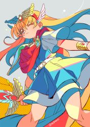 1girl akazukin_chacha armor belt blonde_hair blue_dress closed_mouth dress hairband hayasaka head_wings holding holding_sword holding_weapon legs_apart long_hair magical_princess one_eye_closed pauldrons red_hairband short_sleeves shoulder_armor single_pauldron solo sword twitter_username weapon white_belt wings