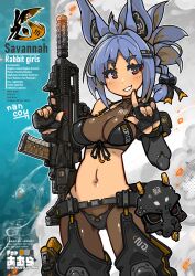 1girl animal_ears bikini bikini_over_clothes black_bikini black_gloves blue_hair breasts commission cowboy_shot english_text fingerless_gloves front-tie_bikini_top front-tie_top gloves gun halterneck highres holding holding_gun holding_weapon holster looking_at_viewer mask unworn_mask medium_breasts nancou_(nankou) navel orange_eyes original rabbit_ears see-through_clothes short_hair solo swimsuit thigh_holster trigger_discipline weapon
