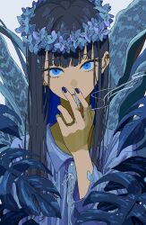 1girl absurdres black_hair blue_eyes blue_flower blue_shirt cigarette flower hand_up head_wreath highres holding holding_cigarette jewelry long_hair original parted_lips ring shirt smoking solo tsukii_(t_s_u_k_i_i)