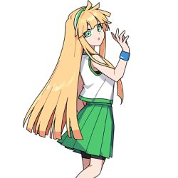 1girl bad_source blonde_hair green_eyes green_skirt hairband hands_up long_hair looking_at_viewer nam_seon-ji official_art open_mouth pleated_skirt shirt shorts shorts_under_skirt simple_background skirt sleeveless solo wristband zombie_high_school