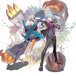 1boy absurdres alternate_color blue_eyes blue_hair commentary gen_3_pokemon highres hiro_(user_negm3832) holding holding_poke_ball jacket jewelry legs_apart long_sleeves male_focus mega_metagross mega_pokemon metagross necktie nintendo open_clothes open_jacket outstretched_arm pants parted_lips poke_ball pokemon pokemon_(creature) pokemon_oras ring shiny_pokemon shirt shoes short_hair smile spiked_hair spread_fingers standing steven_stone vest white_shirt