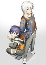 1boy 1girl absurdres belle_(zenless_zone_zero) black_pants black_shirt black_thighhighs blue_hair blue_jacket brother_and_sister full_body green_eyes hair_ornament hand_in_pocket highres hood hooded_jacket jacket letter_hair_ornament open_clothes open_jacket pants shirt short_hair siblings smile thighhighs user_njte8223 w white_hair wise_(zenless_zone_zero) zenless_zone_zero