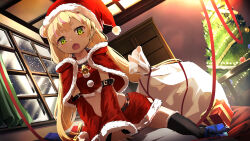 Rule 34 | 1girl, absurdres, bell, black thighhighs, blonde hair, blunt bangs, box, busou kanojo, christmas, christmas tree, detached sleeves, dutch angle, fang, fur trim, gift, gift box, green eyes, hat, highres, indoors, kneeling, looking at viewer, mafuyu anzu, midriff, namako (namacotan), neck bell, open mouth, santa costume, santa hat, skin fang, solo, thighhighs, twintails, virtual youtuber, window
