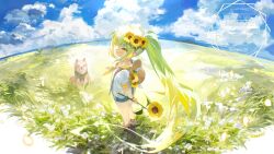 absurdres blonde_hair blue_shorts dog final_fantasy final_fantasy_xiv flower from_behind gradient_hair green_hair hair_flower hair_ornament hat hat_on_back highres holding holding_flower lalafell long_hair multicolored_hair pointy_ears ponytail shikina_(mochigushi_) shirt short_sleeves shorts signature sun_hat sunflower sunflower_hair_ornament warrior_of_light_(ff14) white_shirt yellow_eyes