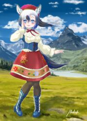 1girl animal_ears black_hair black_pantyhose blue_boots blue_corset blue_eyes blue_hair blush boots bow bowtie corset floral_print_skirt frilled_sleeves frills full_body grey_hair hair_between_eyes hat high_collar highres horse_ears horse_girl horse_tail kemono_friends kemono_friends_3 lace-up_boots long_sleeves looking_at_viewer mountainous_horizon multicolored_hair official_alternate_costume pantyhose ponytail puffy_sleeves red_bow red_bowtie red_hat red_skirt redrufu2000 shirt short_hair sidelocks skirt solo sparkle tail tarpan_(kemono_friends) white_hair white_shirt