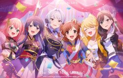 6+girls :d ^_^ absurdres aiguillette aijou_karen arm_around_waist arm_up armor belt belt_buckle black_belt black_gloves black_jacket black_ribbon black_shirt black_thighhighs blonde_hair blue_eyes blue_jacket blue_skirt blunt_bangs blurry blurry_background blurry_foreground blush breastplate breasts brown_belt brown_eyes brown_gloves brown_hair buckle chest_harness cleavage closed_eyes collared_shirt commentary_request confetti copyright_name cowboy_shot crown earrings epaulettes fingerless_gloves frilled_kimono frills gear_hair_ornament gloves gold_trim green_eyes grey_hair hair_between_eyes hair_intakes hair_ornament hair_over_shoulder hair_ribbon hand_on_another&#039;s_waist hand_on_own_chest hand_up harness high_ponytail highres indoors jacket japanese_clothes jewelry kimono kimono_skirt light_particles long_hair long_sleeves looking_at_viewer medium_breasts medium_hair mini_crown miniskirt multicolored_jacket multiple_girls official_art ootsuki_aruru open_clothes open_jacket open_mouth parted_lips ponytail purple_eyes purple_hair purple_kimono reaching reaching_towards_viewer red_hair red_jacket red_ribbon red_skirt ribbon ribbon-trimmed_kimono ribbon-trimmed_sleeves ribbon_trim sash shirt shoujo_kageki_revue_starlight shoujo_kageki_revue_starlight_-re_live- shoulder_sash side-by-side sidelocks single_stripe skirt smile standing star_(symbol) star_hair_ornament striped_clothes striped_skirt takachiho_stella thighhighs tilted_headwear tomoe_tamao two-tone_jacket two_side_up underbust very_long_hair watermark white_gloves white_jacket white_sash white_skirt yanagi_koharu yellow_belt yellow_jacket yellow_skirt yukishiro_akira zettai_ryouiki zipper zipper_pull_tab