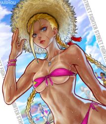 5girls a.k.i._(street_fighter) absurdres ai_shou artist_name bikini bikini_tan blonde_hair blue_eyes blurry blurry_background bracelet braid cammy_white capcom chun-li commentary copyright_name dark-skinned_female dark_skin english_commentary front-tie_bikini_top front-tie_top han_juri hat highres jewelry kimberly_jackson long_hair low_twin_braids mixed-language_commentary multiple_girls navel scar scar_on_face side-tie_bikini_bottom straw_hat street_fighter street_fighter_6 swimsuit tan tanline twin_braids