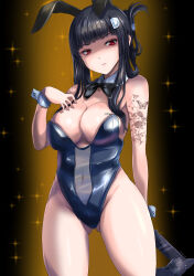 animal_ears arm_tattoo axe barcode black_bow black_bowtie black_hair black_leotard blunt_bangs bow bowtie butterfly_tattoo c-wing chest_tattoo d_(nikke) detached_collar fake_animal_ears gluteal_fold goddess_of_victory:_nikke hatchet_(axe) highleg highleg_leotard highres holding holding_weapon leotard long_hair looking_at_viewer playboy_bunny rabbit_ears red_eyes strapless strapless_leotard tattoo thighs weapon wrist_cuffs