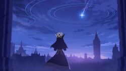 1girl blue_archive blue_background cloud dress european_architecture gradient_sky halo highres landscape long_dress mari_(blue_archive) meteor night night_sky outdoors praying scenery shooting_star sisterhood_(blue_archive) sky star_(sky) starry_sky tower yuma_(lyq_yume)