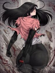 1girl absurdres artist_name ass ass_focus black_hair black_pants blood chainsaw_man city facial_mark female_focus highres huge_ass limn044 long_hair looking_at_viewer looking_back pants scar scar_on_face toned toned_female torn_clothes yellow_eyes yoru_(chainsaw_man)