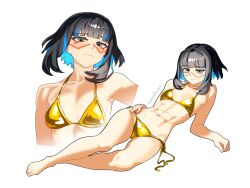 1girl abs bikini black_hair blue_hair breasts dantonphanton facepaint fate/grand_order fate_(series) full_body gold_bikini golden_week grey_eyes highres long_hair lying on_side short_hair small_breasts swimsuit tenochtitlan_(fate)