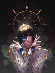1boy absurdres black_background black_hair blue_eyes blue_flower bruno_bucciarati commentary_request eyelashes flower highres itsoraoraoraora jojo_no_kimyou_na_bouken light_particles long_sleeves looking_at_viewer male_focus parted_lips shirt short_hair solo vento_aureo white_shirt zipper