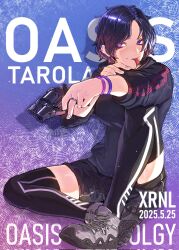 1girl black_hoodie black_shorts black_thighhighs blue_background bracelet character_name chiappa_rhino closed_mouth commentary corrupted_twitter_file dated english_commentary english_text finger_on_trigger forked_tongue full_body gradient_background gun handgun highres holding holding_gun holding_weapon hood hoodie jewelry looking_at_viewer original purple_background purple_eyes purple_hair revolver ring shoes short_hair short_shorts shorts simple_background sitting smile sneakers snubnosed_revolver solo tarola_(xrnl2018) thighhighs tongue tongue_out weapon xrnl2018