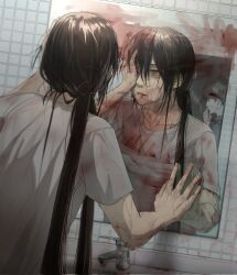 2boys bathroom black_shirt blood blood_from_mouth blood_on_arm blood_on_clothes blood_on_face blood_on_hands brown_hair cigarette dua_wpdbr ha_jinsung hand_on_own_face highres holding holding_cigarette jyu_viole_grace long_hair looking_at_mirror mirror multiple_boys one_eye_closed original ponytail reflection shirt sink smoke smoking tower_of_god water white_shirt yellow_eyes