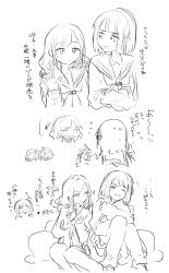 4girls :d :o ^_^ alternate_costume anyoji_hime blunt_bangs blunt_ends bob_cut ceras_yanagida_lilienfeld chibi chibi_inset clenched_hands closed_eyes collared_shirt flower_knot flying_sweatdrops greyscale half-closed_eye hasu_no_sora_school_uniform highres kachimachi_kosuzu link!_like!_love_live! long_hair long_sleeves looking_at_another love_live! momose_ginko monochrome multiple_girls neckerchief one_eye_closed open_mouth pajamas pants parted_lips recording sailor_collar school_uniform shirt short_hair sidelocks smile sweat sweatdrop translation_request uo_(wotakana_p) virtual_youtuber wavy_hair wavy_mouth winter_uniform
