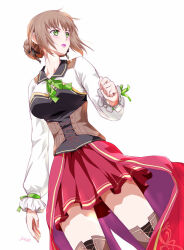 1girl artist_name boots breasts brown_hair bun_with_braided_base cowboy_shot duvalie eiyuu_densetsu green_eyes hair_bun juliet_sleeves large_breasts long_sleeves open_mouth puffy_sleeves sen_no_kiseki sen_no_kiseki_(series) sen_no_kiseki_iv short_hair sideburns simple_background skirt solo thigh_boots white_background xiacheng_tatsuya