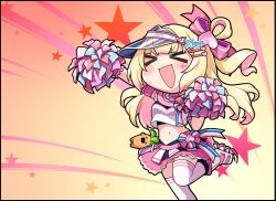 &gt;_&lt; 1girl :d arm_garter arm_up blonde_hair blush_stickers bow bow_skirt character_doll cheerleader choker closed_eyes clothes_writing colored_inner_hair commentary_request crop_top facial_mark food-themed_hair_ornament foot_out_of_frame frilled_choker frilled_skirt frills hair_bow hair_ornament hair_rings hairclip highres holding holding_pom_poms hololive inline_skates jb_jagbung knee_up layered_skirt long_hair mark_under_eye midriff miniskirt momosuzu_nene momosuzu_nene_(cheerleader) multicolored_hair navel nekko_(momosuzu_nene) official_alternate_costume official_alternate_hairstyle one_side_up open_mouth peach_hair_ornament pink_choker pink_hair pink_sash pink_skirt pom_pom_(cheerleading) pom_poms roller_skates sash sideways_hat single_hair_ring skates skirt smile solo standing standing_on_one_leg star_(symbol) star_facial_mark tank_top textless_version thighhighs virtual_youtuber visor_cap waist_bow white_footwear white_tank_top white_thighhighs wrist_cuffs