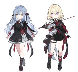 2girls absurdres aiguillette ankle_socks asymmetrical_footwear back_bow bang_dream! bang_dream!_it&#039;s_mygo!!!!! belt belt_buckle black_belt black_boots black_bow black_cape black_coat black_corset black_dress black_shorts black_socks blonde_hair blue_hair blunt_bangs boo_1 boots bow braid buckle cape closed_mouth coat collared_shirt corset dot_nose dress epaulettes expressionless eyelashes frilled_skirt frills full_body hair_between_eyes hair_bow happy highres holding holding_sword holding_weapon idol lace-up_boots lapels leg_up light_blush light_rays long_hair medium_hair misumi_uika multicolored_coat multiple_girls notched_lapels pleated_skirt purple_eyes rapier red_bow red_cape shirt shirt_under_dress short_dress shorts sidelocks simple_background single_epaulette skirt skirt_under_dress sleeve_cuffs sleeveless sleeveless_dress smile socks standing sword thigh_strap togawa_sakiko twin_braids two-sided_cape two-sided_fabric two-tone_coat very_long_hair wavy_hair weapon white_background white_coat white_shirt white_skirt yellow_eyes